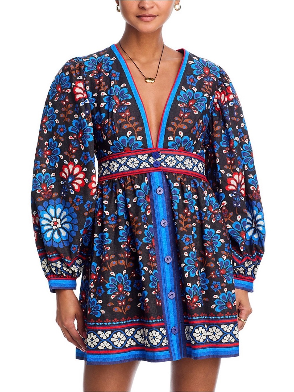 Farm Rio Button Front Mini Dress Long Sleeve Blue Red Cotton V Neck